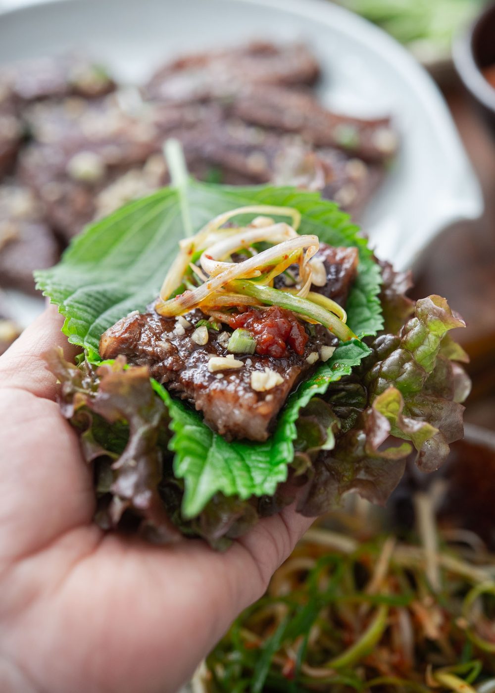 Korean bbq short ribs wrapped in lettuce with ssamjang and green onion salad (pa-muchim)