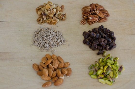 Variety of nuts, seeds, and dried fruit is used to make Korean style sticky rice bars.