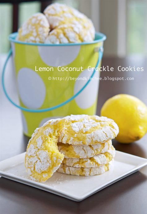 Lemon coconut crinkle cookies on a serving dish.