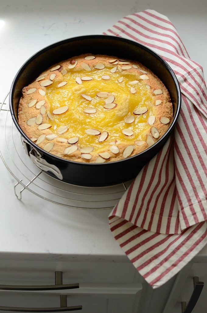 Lemon Custard Almond Cake is baked in a springform pan.