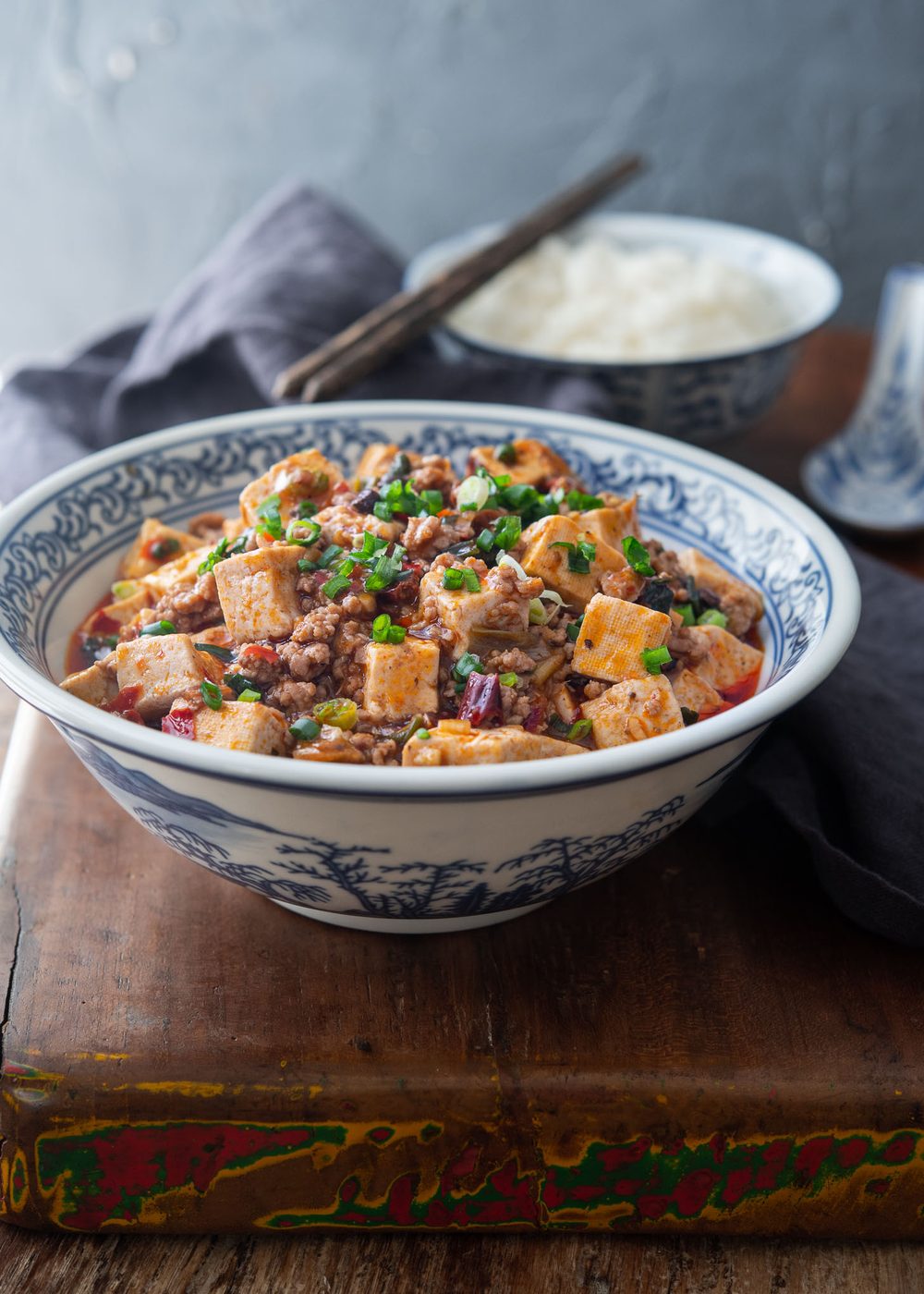 Mapo tofu presented with rice on a tray.