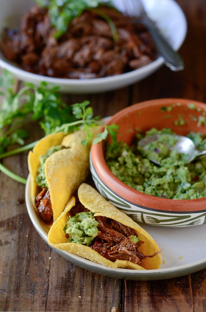 Mexican Shredded Beef makes great tacos with toritilla and guacamole.