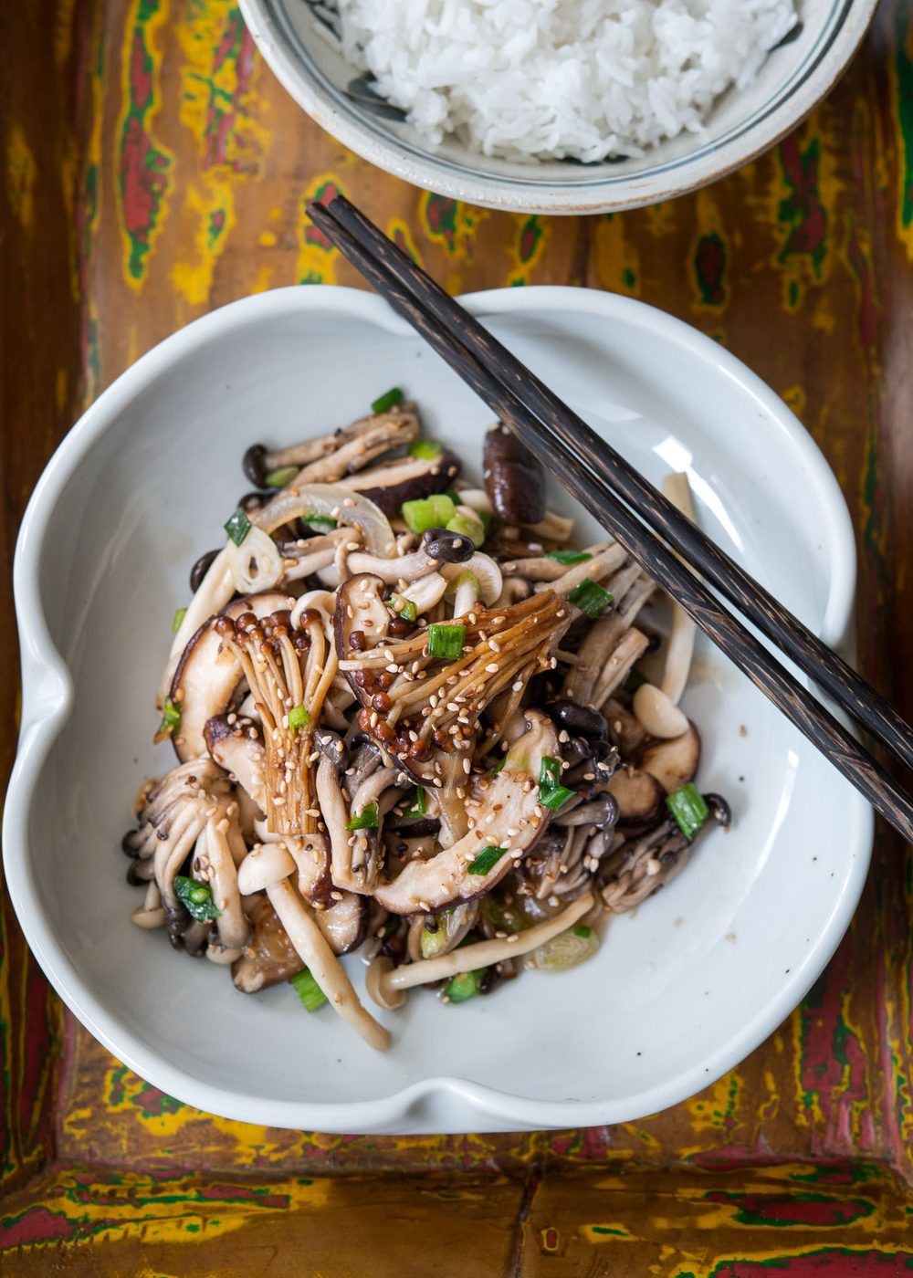 Lighter Asian mushroom stir-fry served with rice.