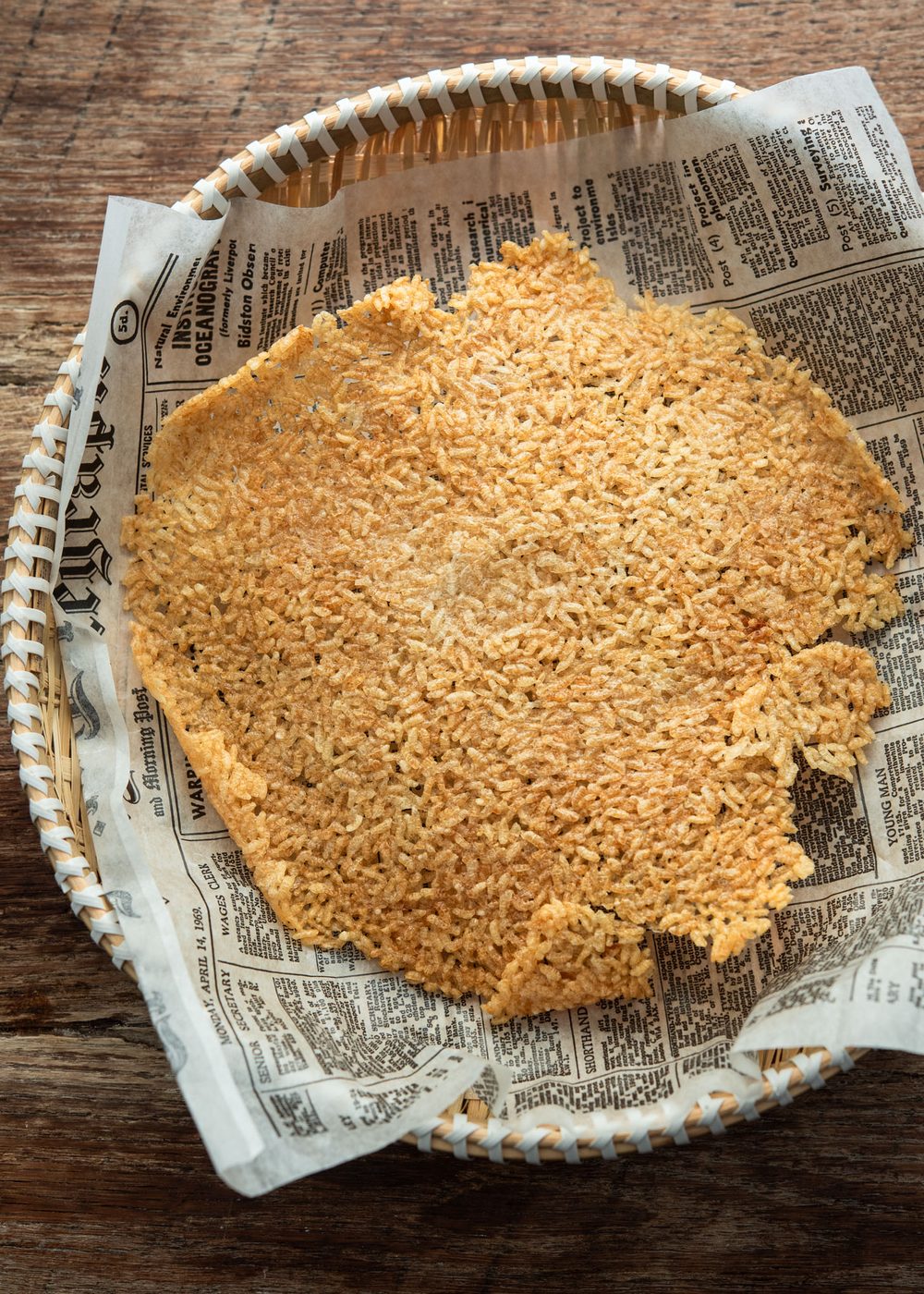 Crispy golden nurungji (Korean scorched rice) served in a small basket