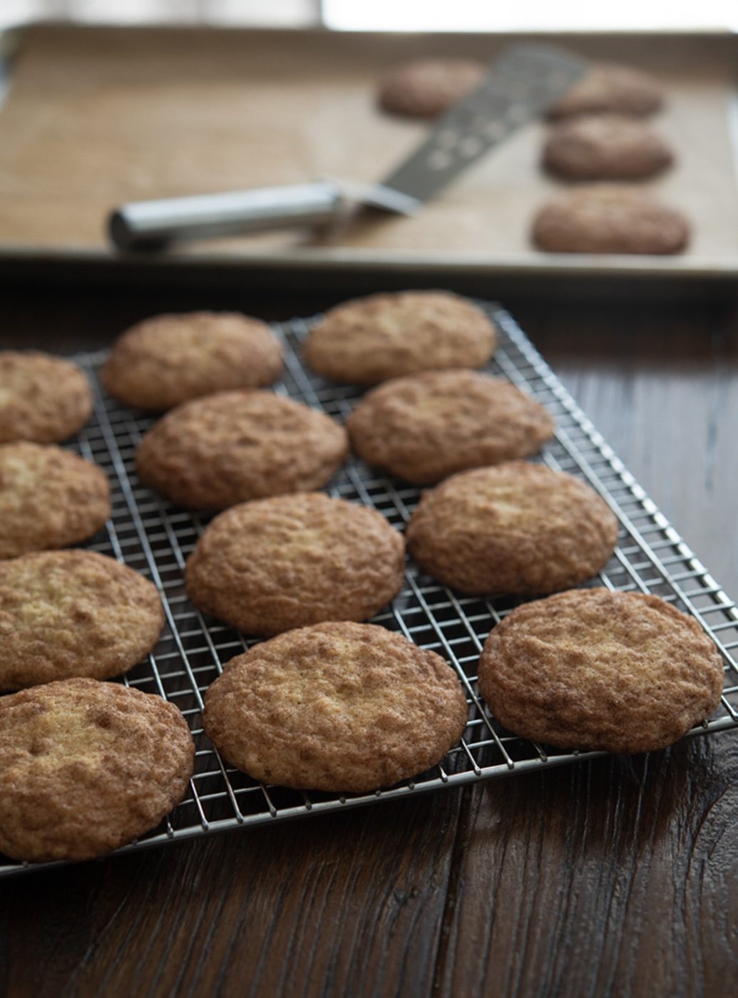 Oatmeal snickerdoodle cookies on a cooling rack.