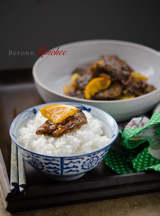 Crispy orange beef served over steamed rice