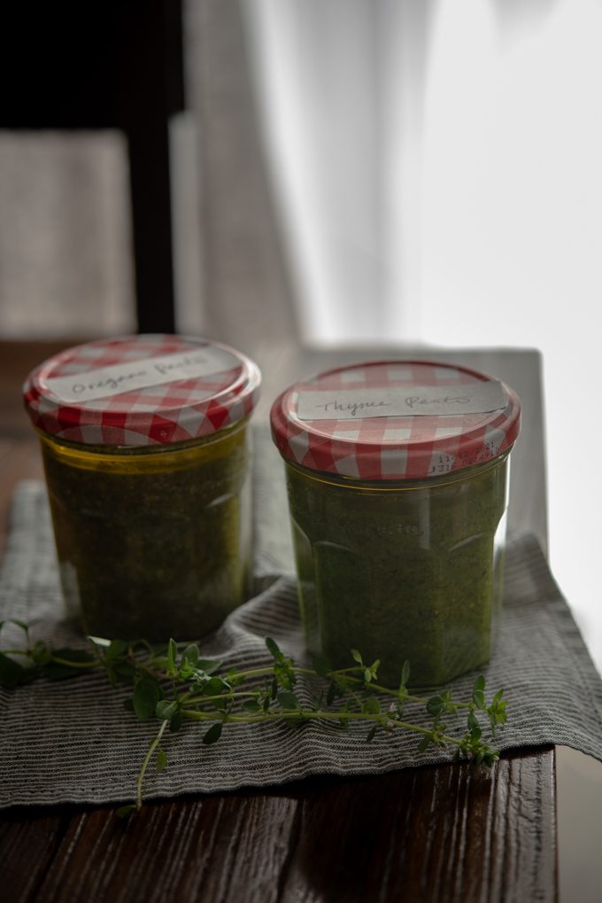 Oregano Pesto & Thyme Pesto are stored in glass jars