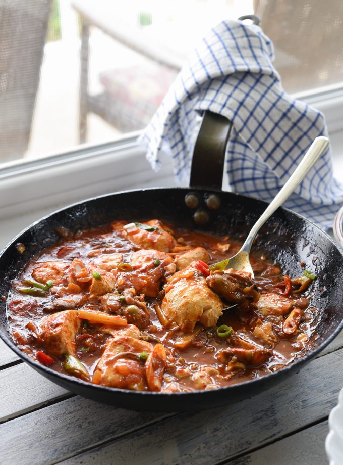 Oyster, soft tofu, and kimchi make a direct one pot meal cooked in a skillet.