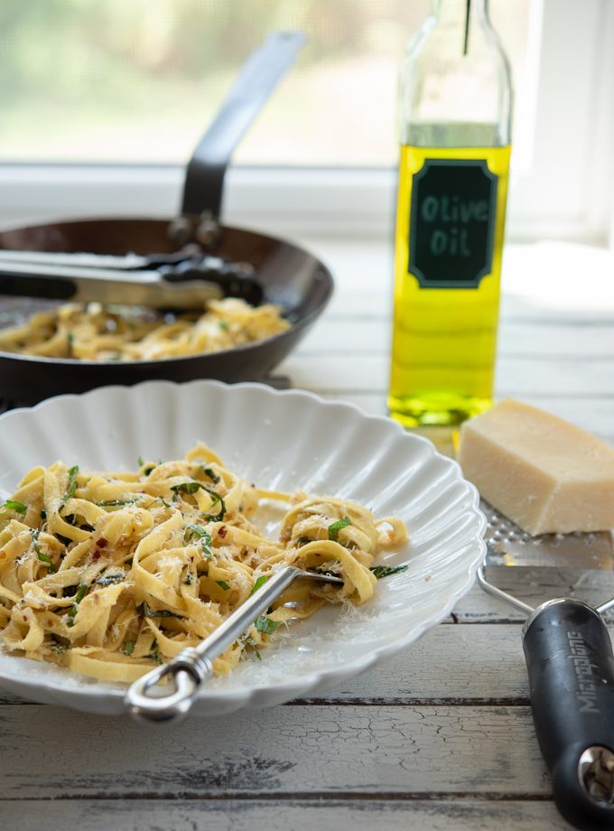 This short pasta is made with Garlic, Anchovy, and Basil.