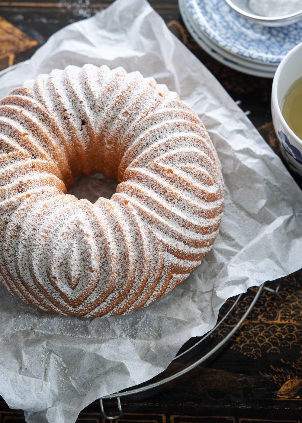 Peach pound cake baked in a barbarian bundt pan.