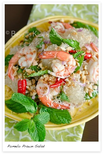 Thai style pomelo salad is made with poached prawns and fish sauce dressing. Adding palm sugar makes the salad more classic and savory.