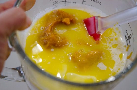 Canned pumpkin added to hot melted butter.