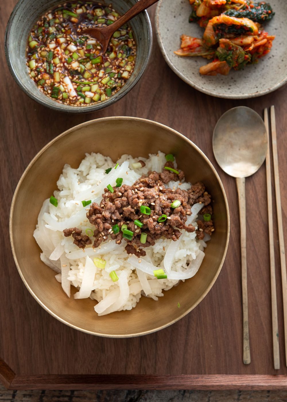 Korean radish rice bowl topped with ground beef bulgogi