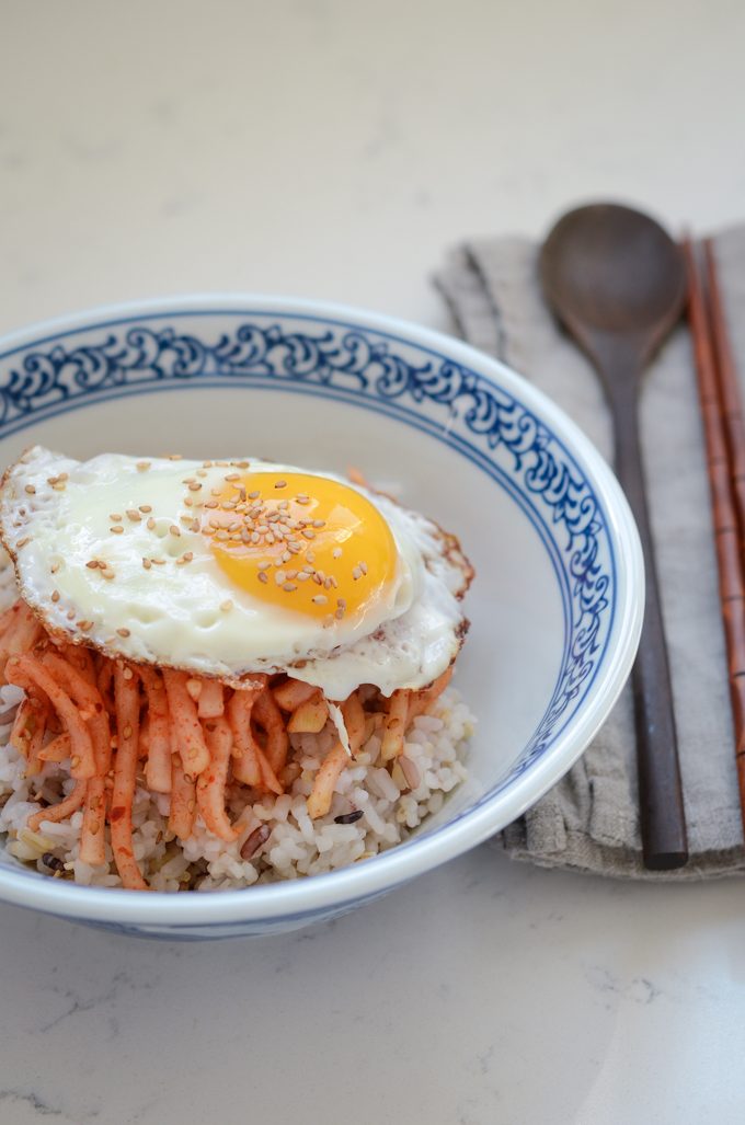 Radish Salad and rice topped with a fried egg makes a short rice bowl in a hurry.