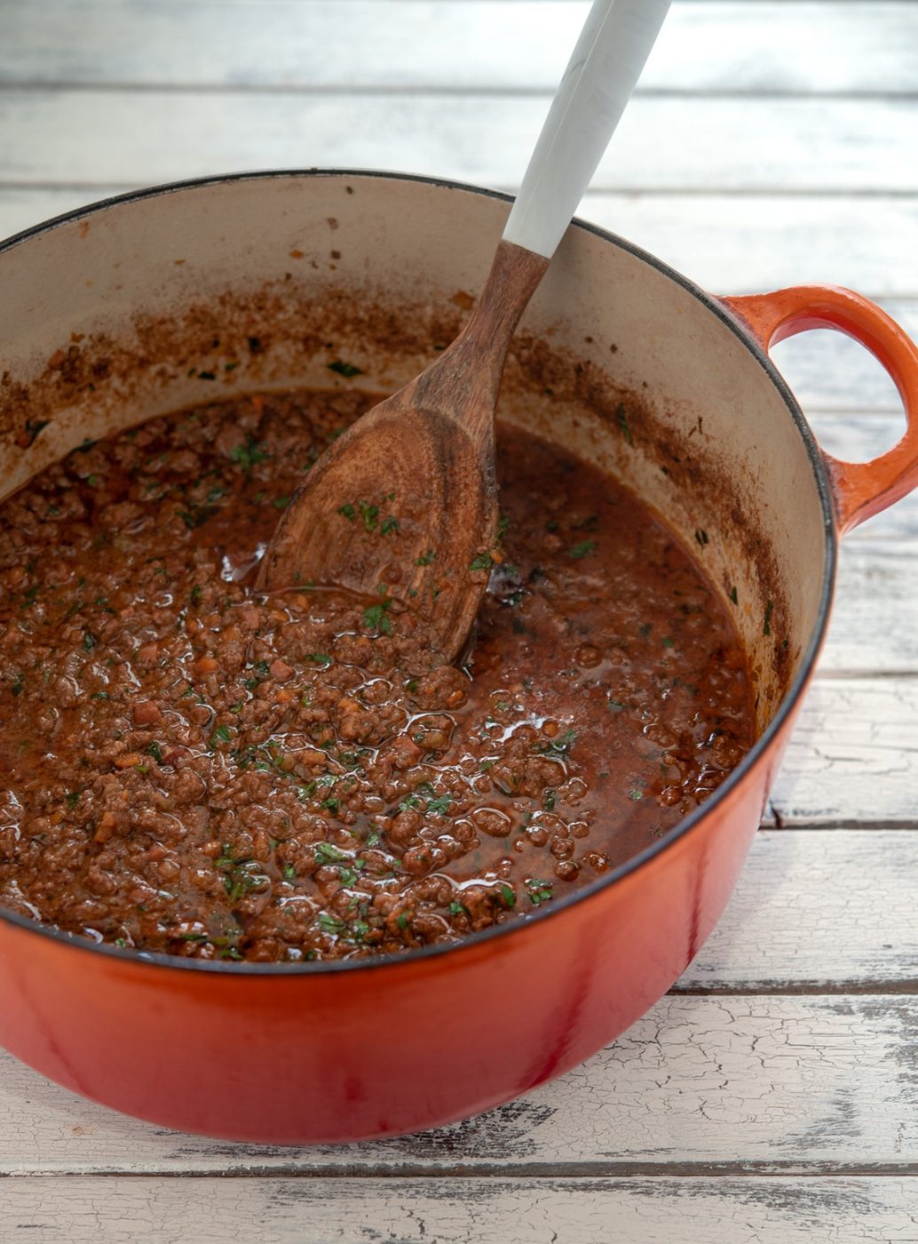 Classic Italian Ragu Bolognese sauce in a pot.