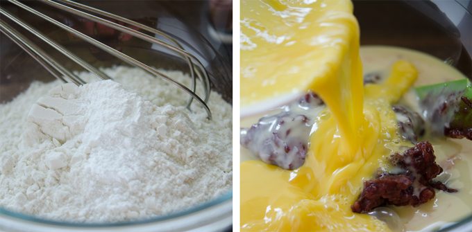 Dry ingredients are whisked together and red beans are mixed with wet ingredients.