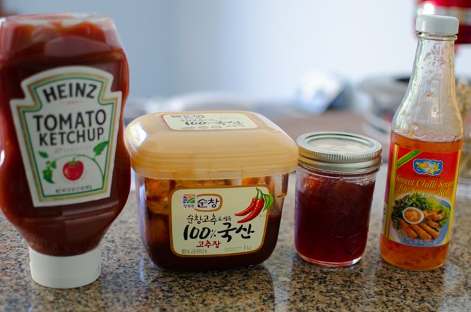 Sauce ingredients to make Korean rice cake skewers.