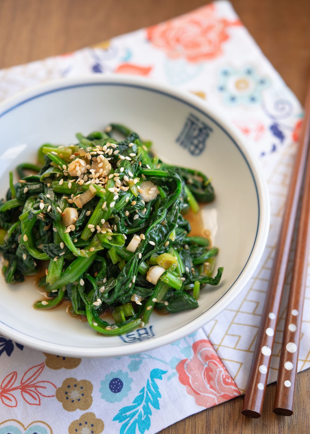 Sigeumchi namul (spinach side dish) made with Korean soy sauce.