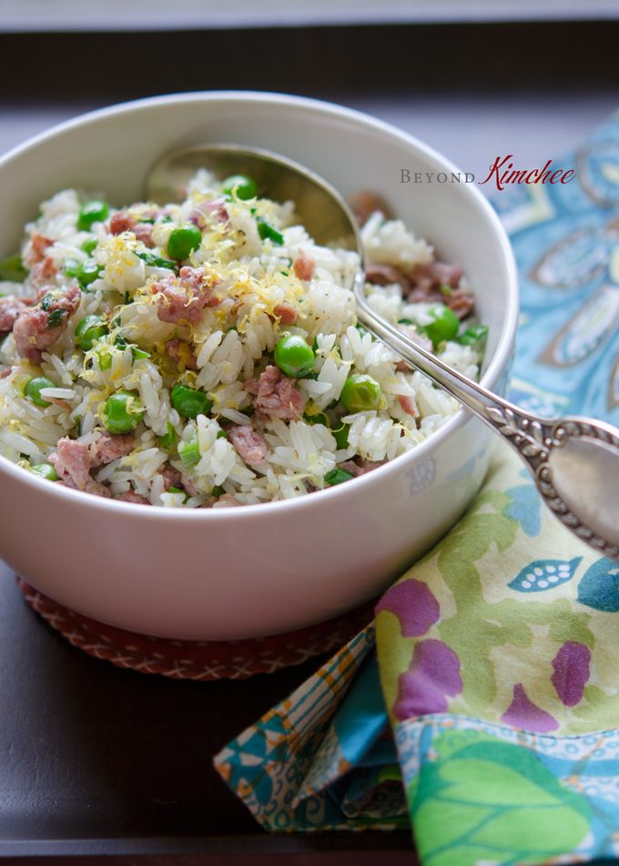Sausage pea Lemon Rice is made with leftover rice