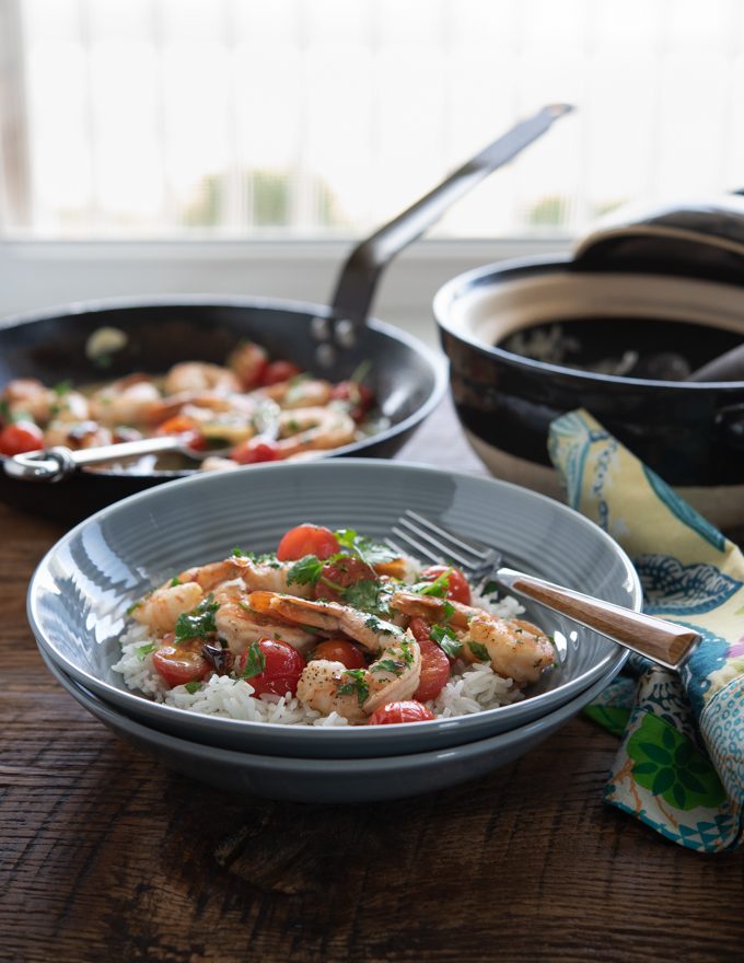 Serve Shrimp and Tomatoes in Lemon Butter Sauce over rice.