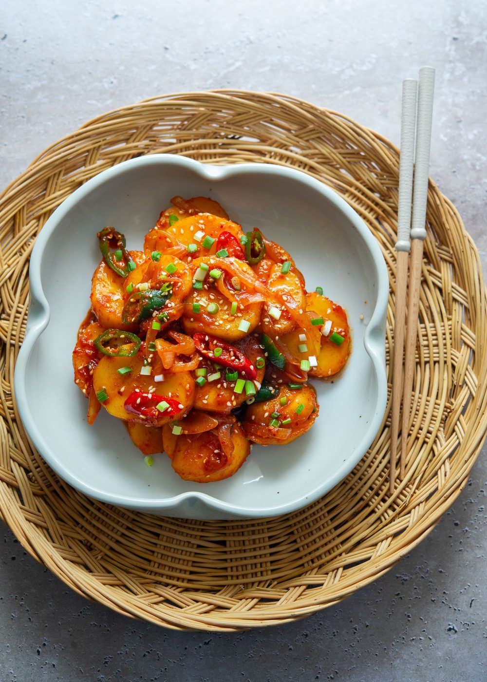 Korean spicy potato side dish in a serving dish.