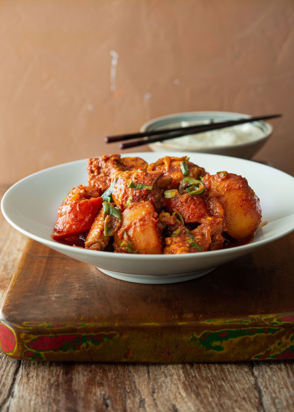 Korean dakdoritang served in a bowl with steamed rice