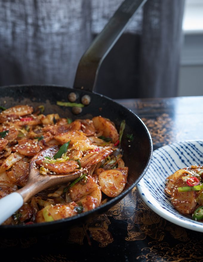 Korean rice cake and vegetable stir-fry is a wholesome meal on its own.