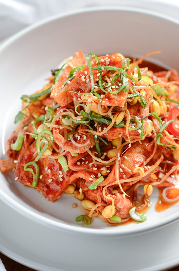 Tofu and soybean sprouts are cooked together in a spicy sauce.