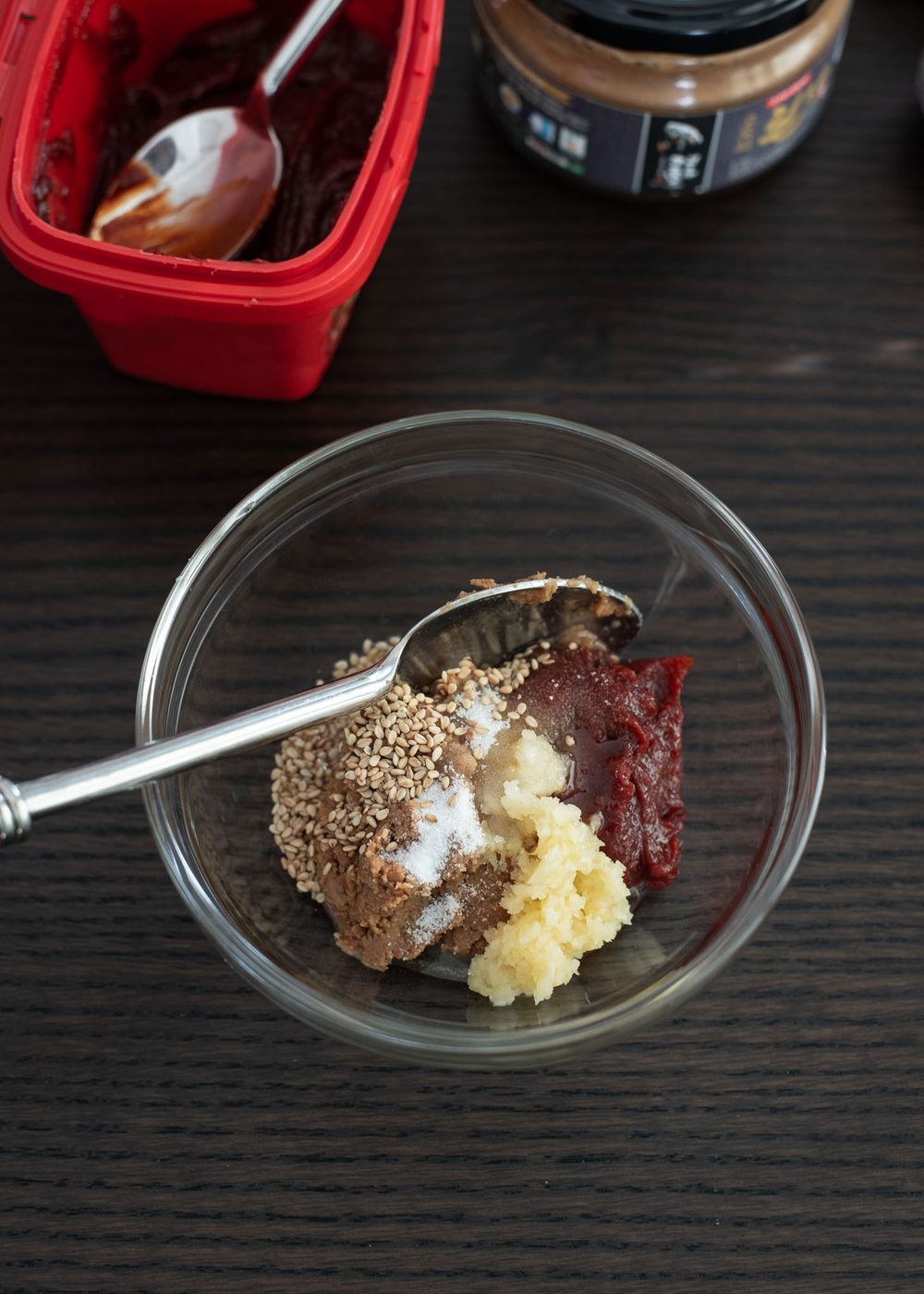 Combining ssamjang ingredients in a small bowl