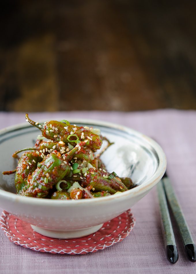 Korean shishito pepper recipe makes a short Korean banchan to go with a Korean main dish.
