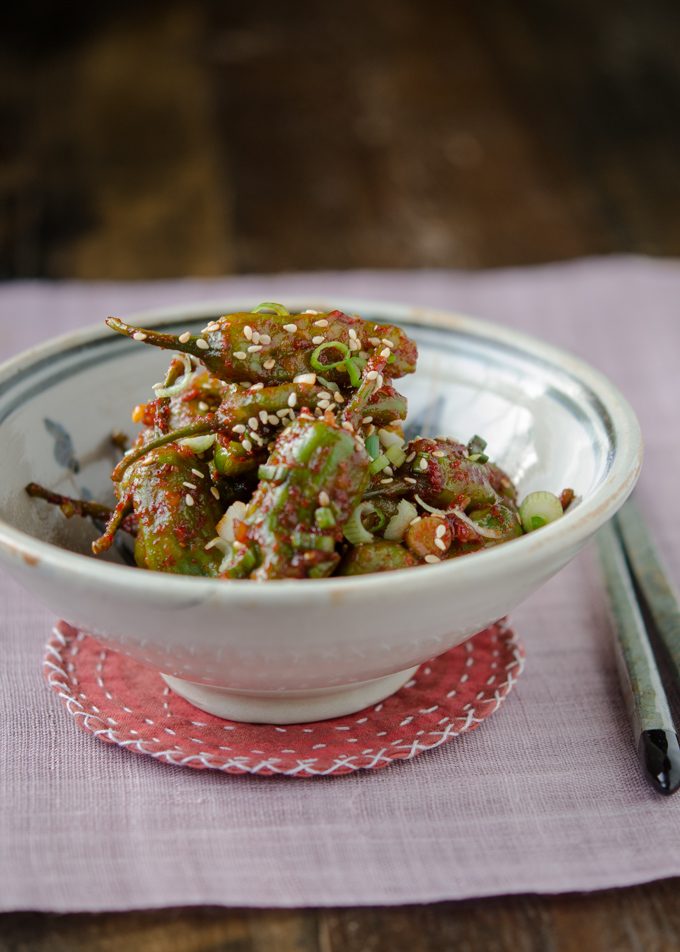 Korean shishito pepper recipe makes a short Korean banchan to go with a Korean main dish.