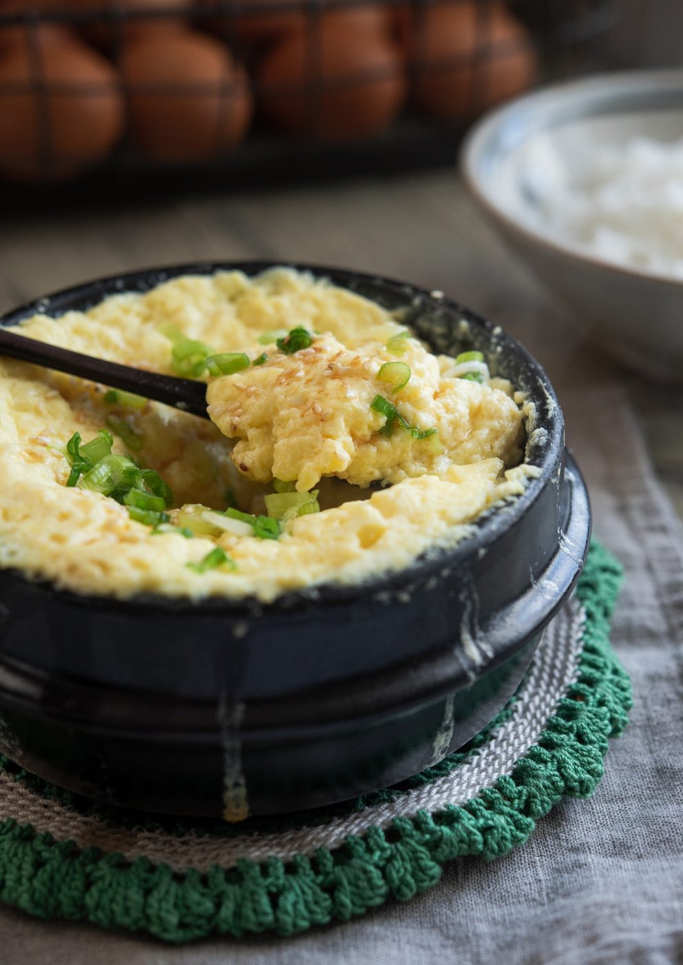 Fluffy and silky Korean steamed eggs (gyeran jjim) served as a light side dish.