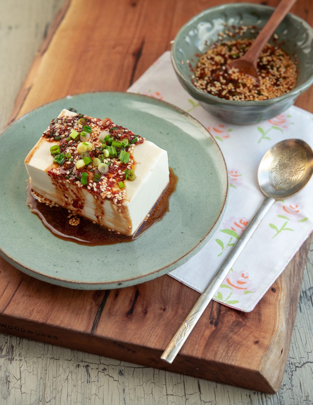 This short silken tofu is steamed and served with Korean soy chili sauce
