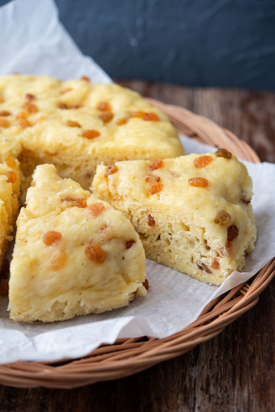 Korean sulppang makgeolli bread sliced to show soft airy texture with raisins