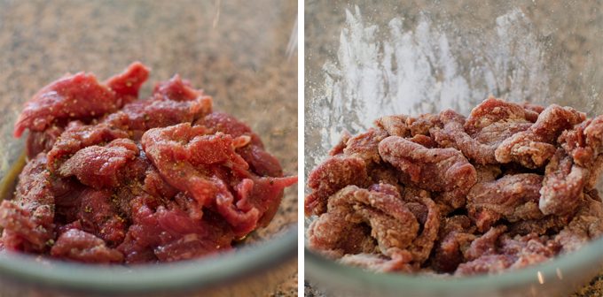 Beef slices are coated with fry ingredients including rice flower.