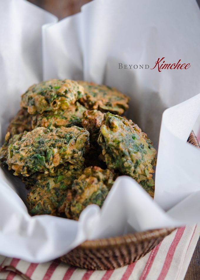 Golden crisp texture outside of these Swiss chard fritters are savory snack