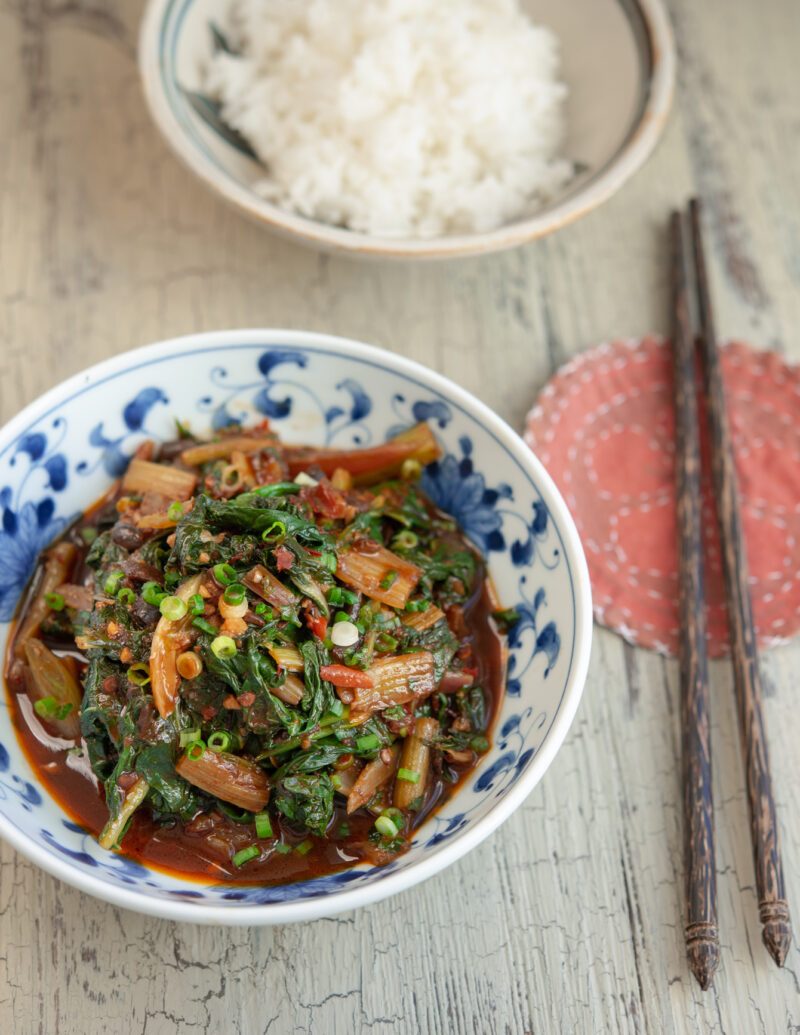 Chinese-style Swiss chard stir-fry served with steamed rice