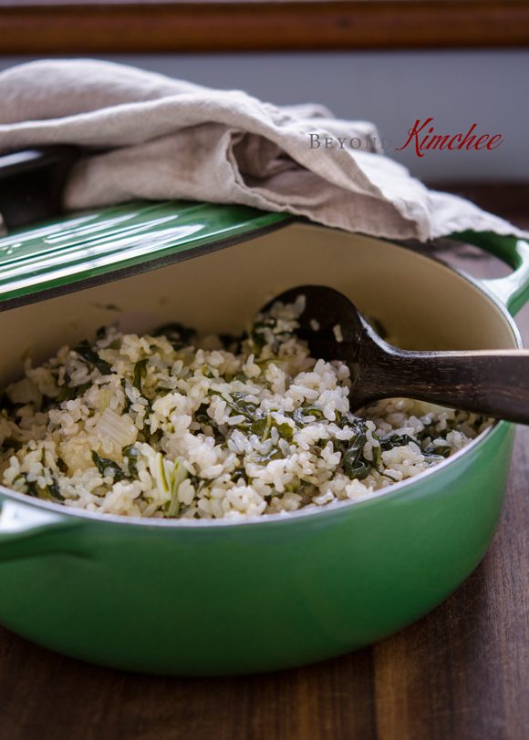 Swiss chard and brown rice cooked in a pot together