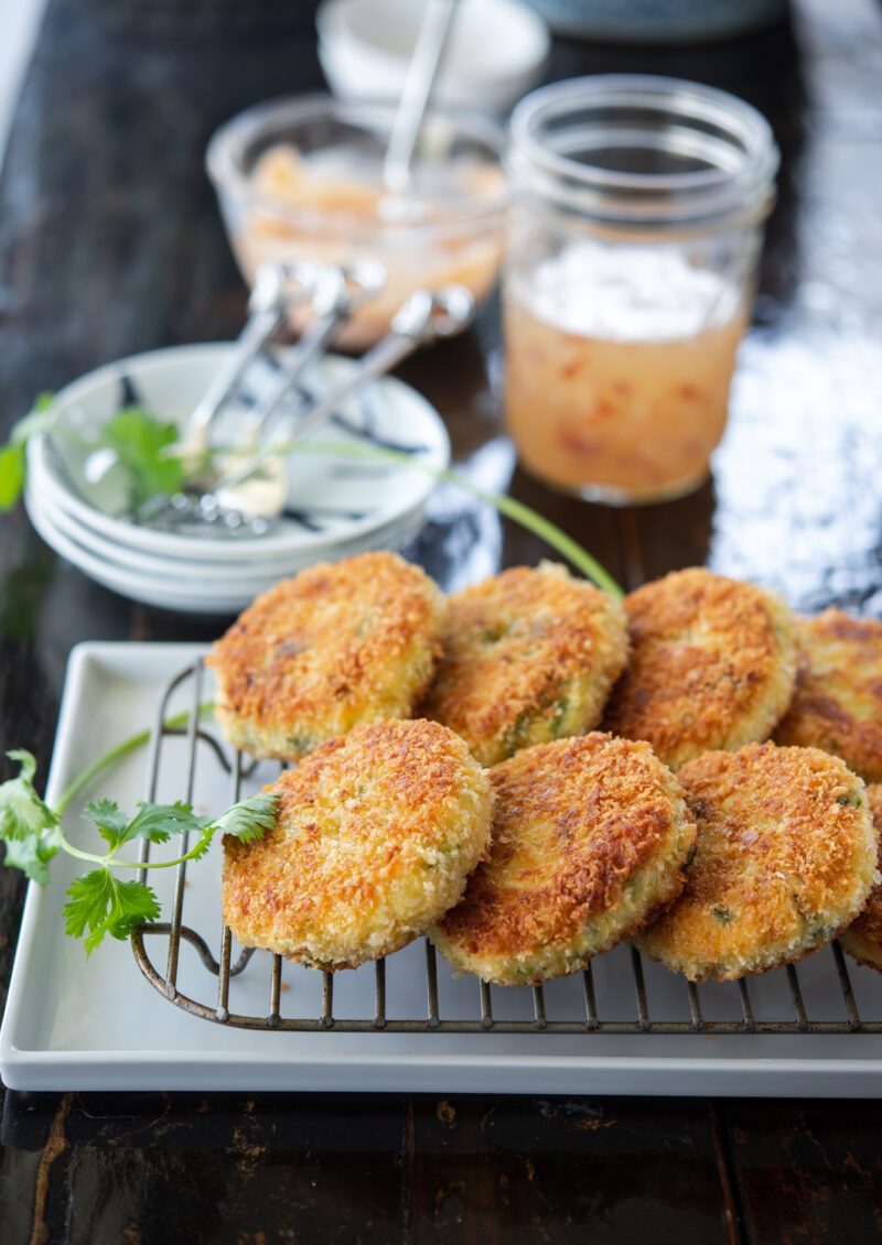 Serve these golden crisp Thai crab cakes with sriracha mayo and kitchen-made sweet chili sauce