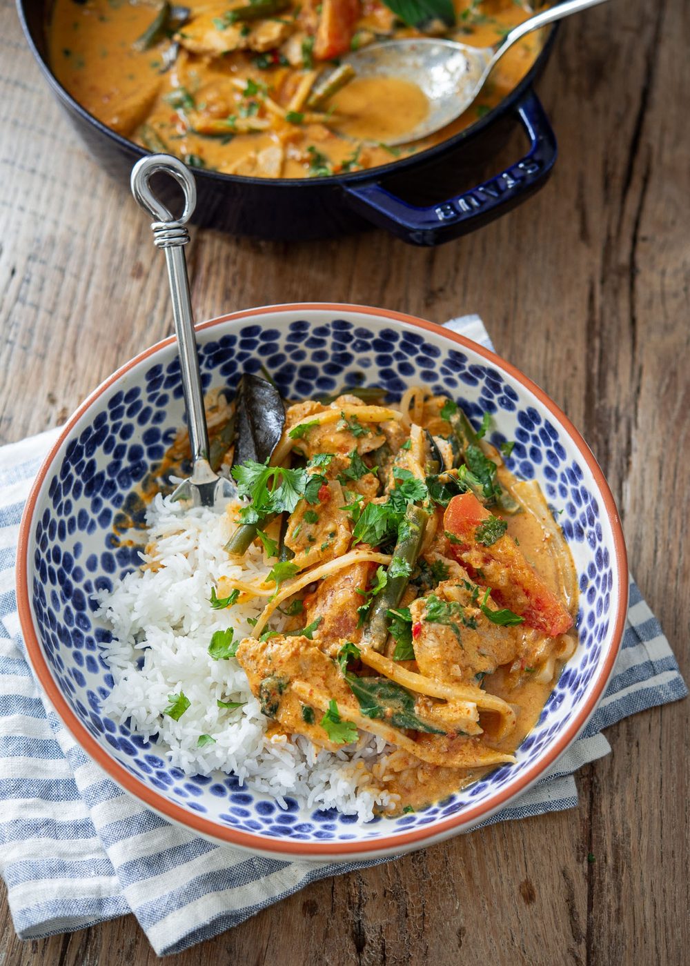 Thai red curry chicken served over rice.