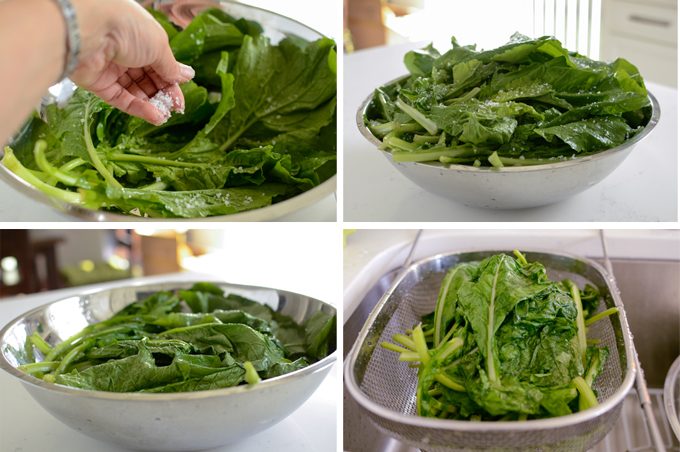 Turnip greens sprinkled with salt for brine and drained.