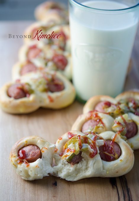 Korean sausage bread with a glass of milk.