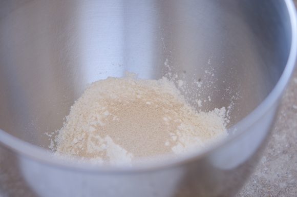 Dry ingredients in a mixing bowl.