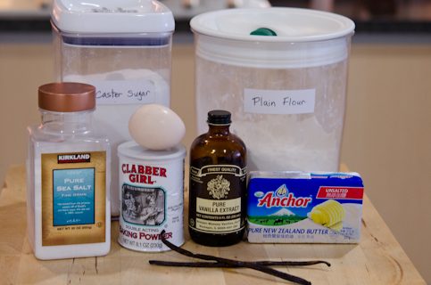 Ingredients for vanilla bean sugar cookies.