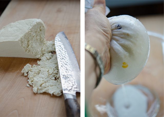 Tofu block is smashed and squeeze out in a kitchen clothe.