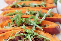 Golden Sweet Potato Skins Topped with Sage Pesto and Crispy Bacon