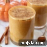 A delightful pumpkin smoothie in a glass, garnished with ground cinnamon.