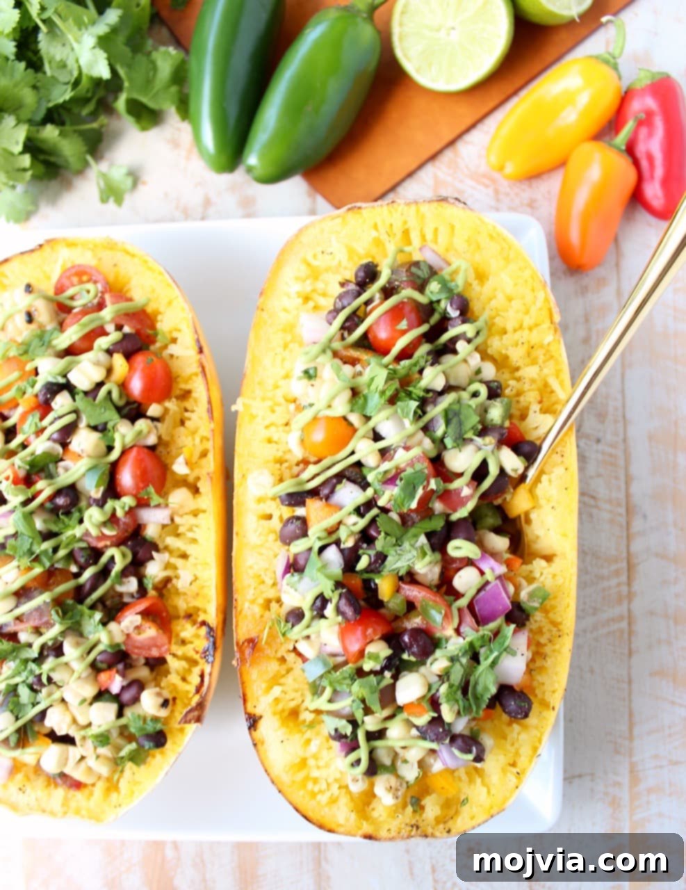 Savory Harvest Squash Boats 2 Roasted spaghetti squash filled with black bean corn salsa on plate with fork