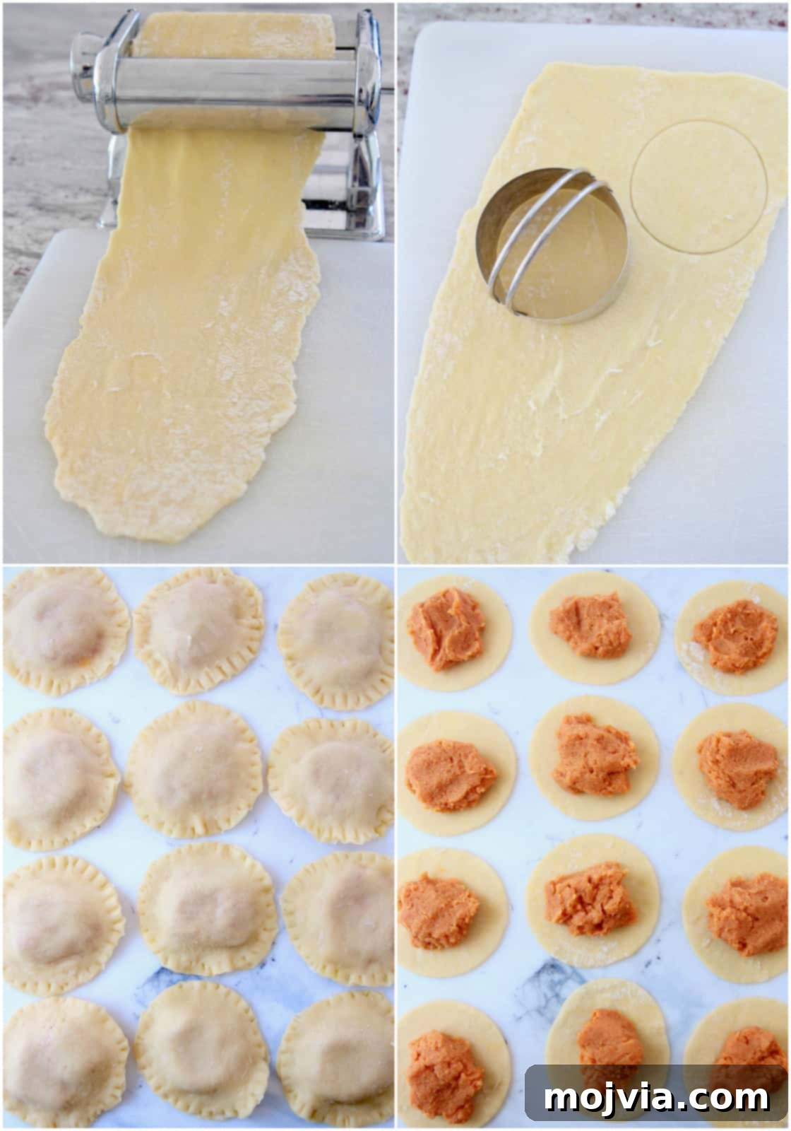 Golden Sweet Potato Ravioli 3 Collage of images showing how to make homemade sweet potato raviolis