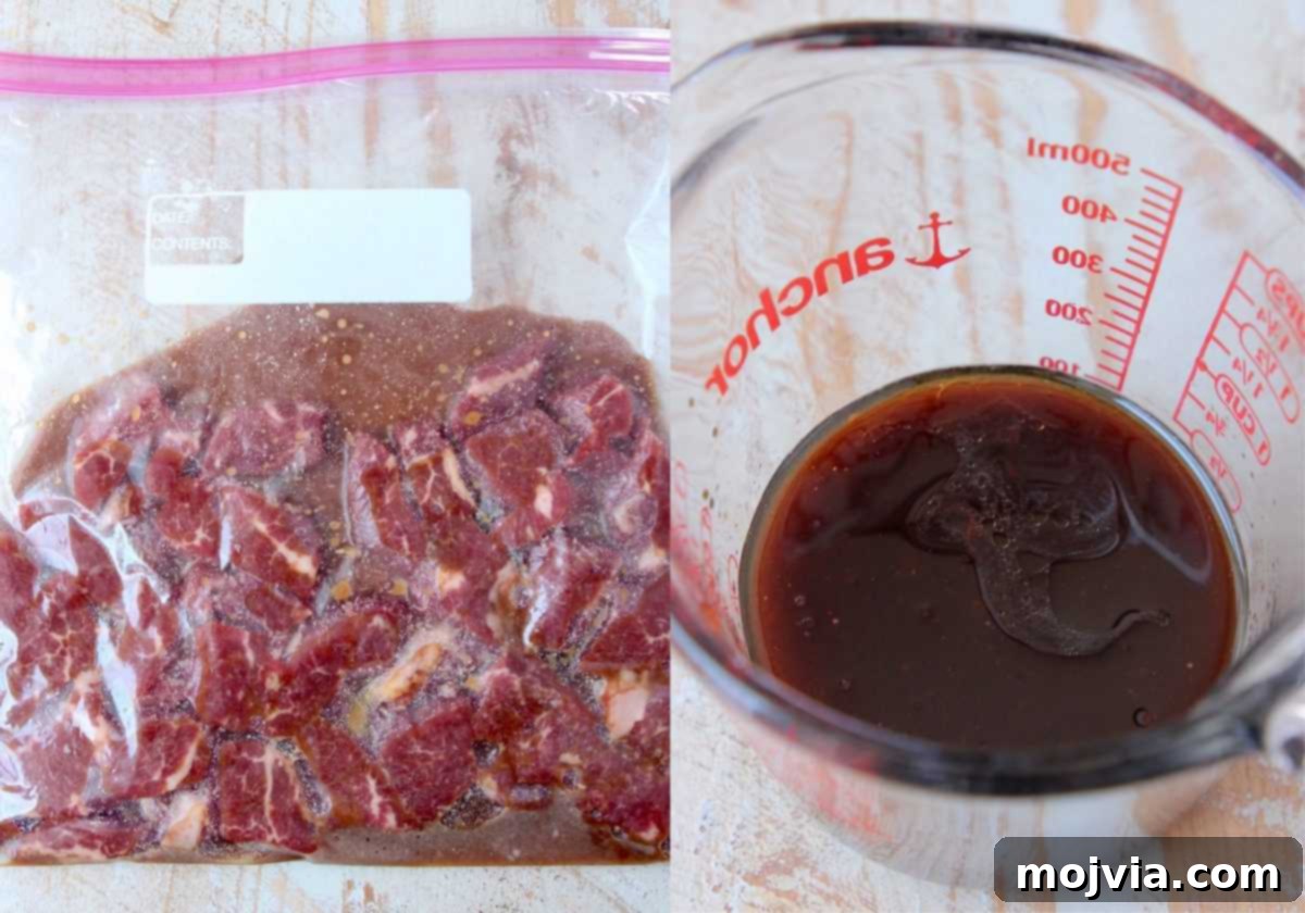 Perfect Beef Stir Fry 4 beef marinating in zipper bag and stir fry sauce in glass measuring cup
